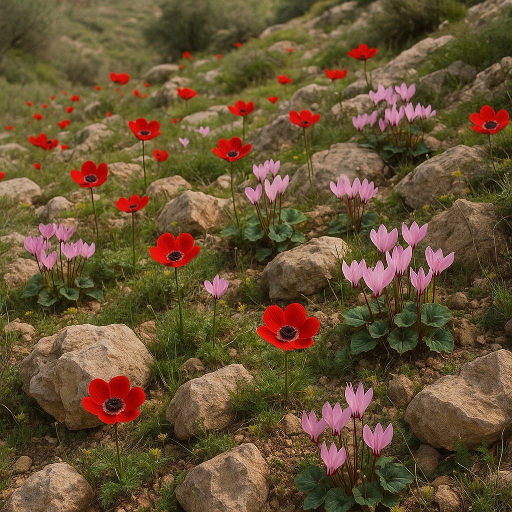 red crown anemones and pink cyclamen on rocky Judean hillside