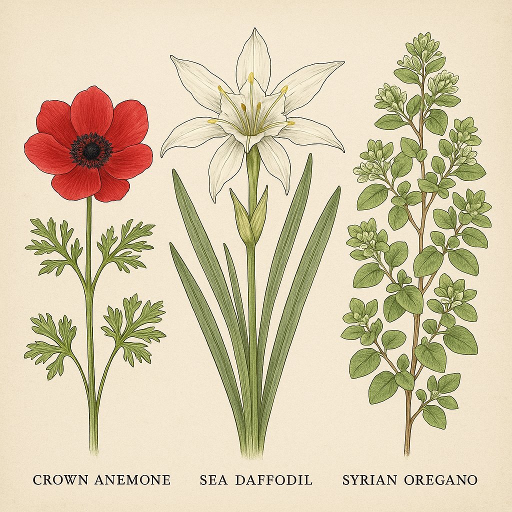 botanical illustration of crown anemone, sea daffodil and Syrian oregano