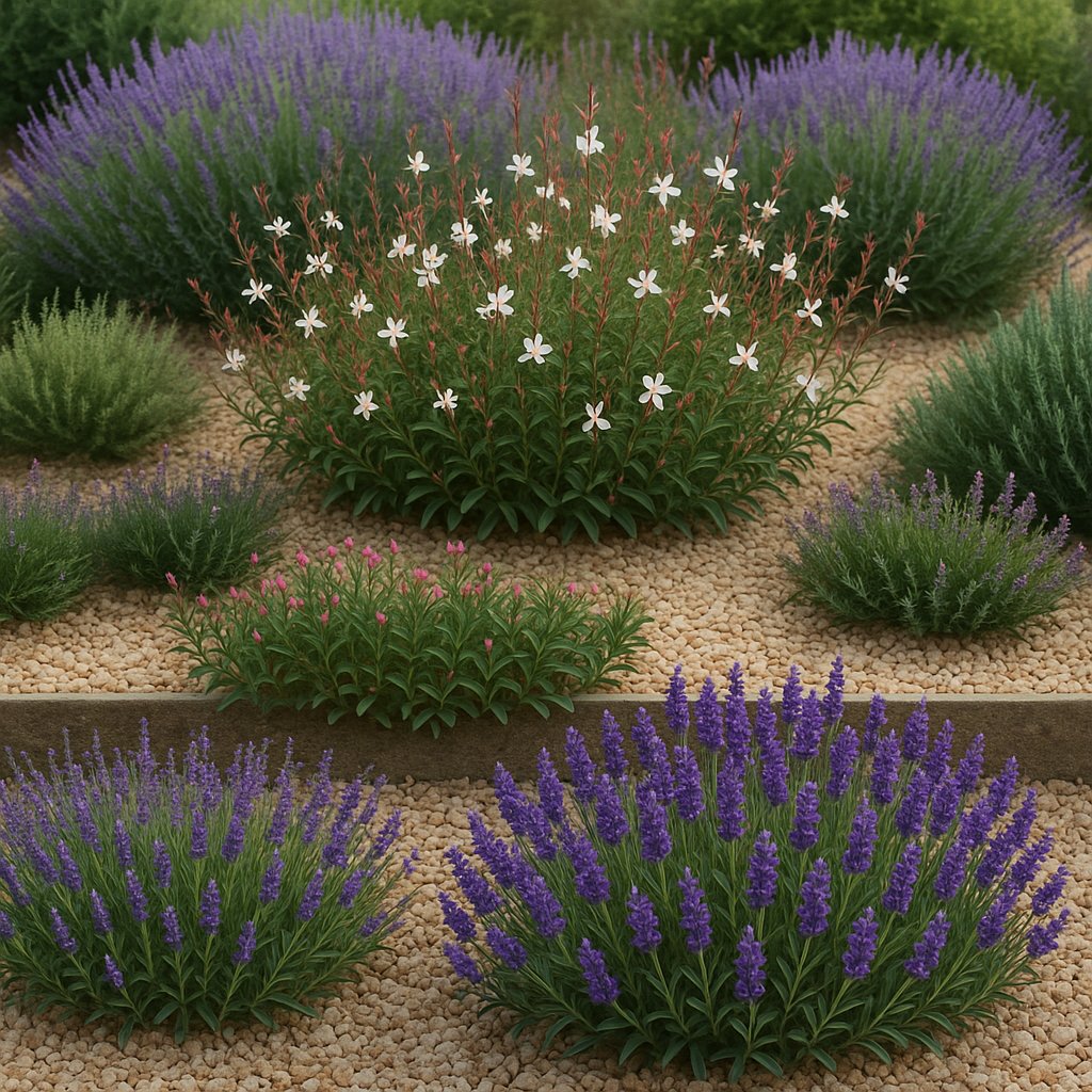 layered Mediterranean garden bed with lavender, gaura, and gravel mulch