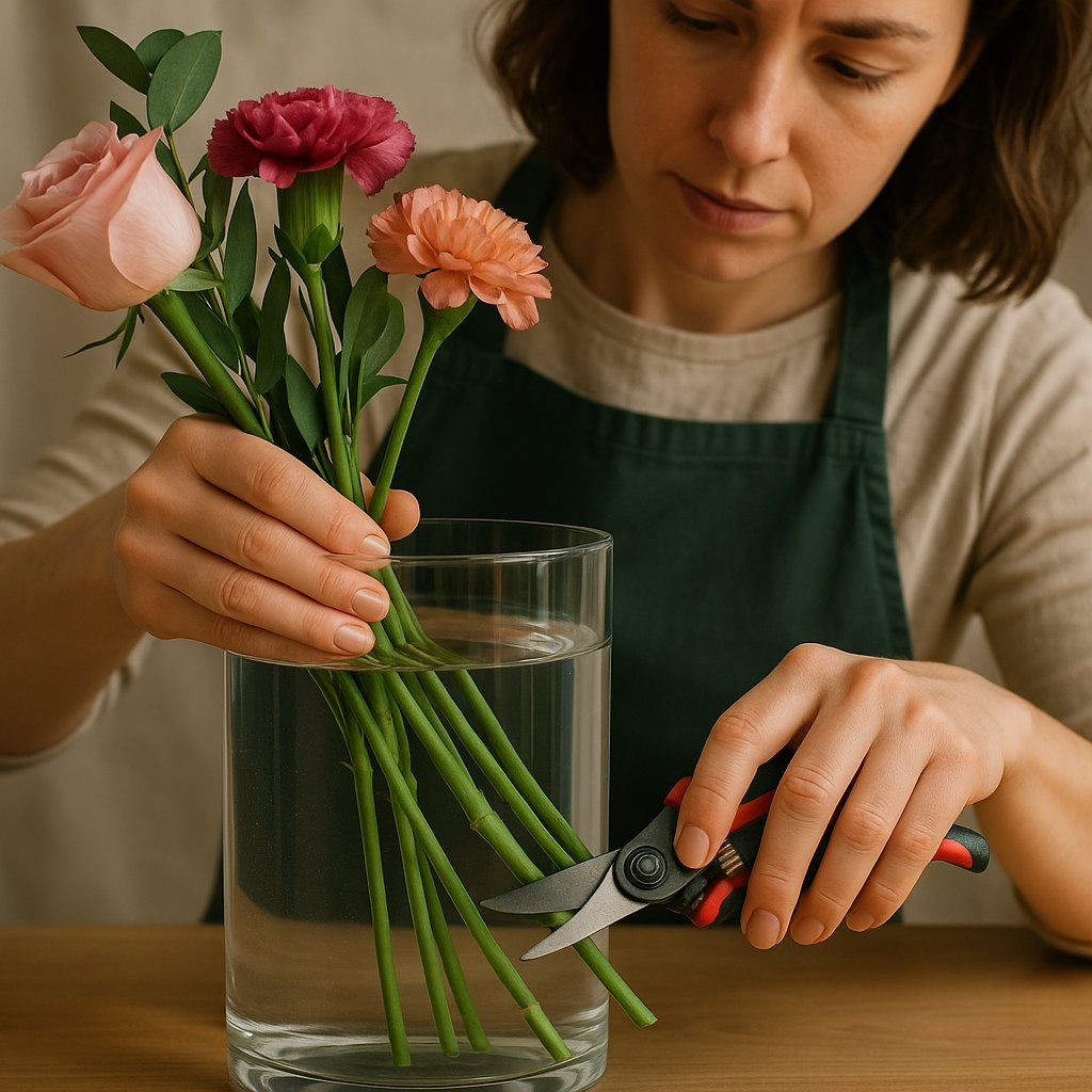 florist cutting flower stems at an angle under water